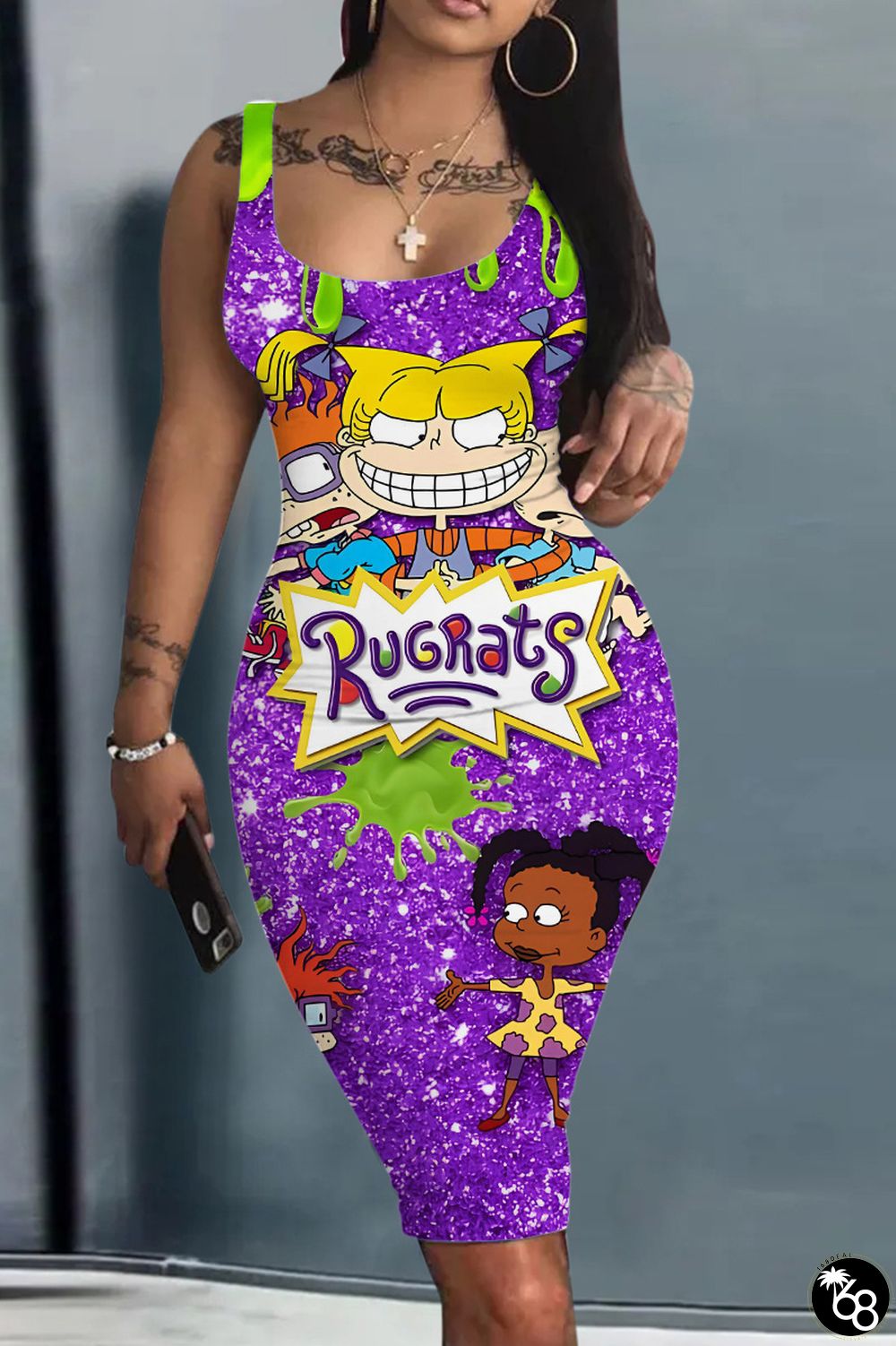 Purple Casual Cartoon Print Basic U Neck Vest Dress Dresses | 168DEAL