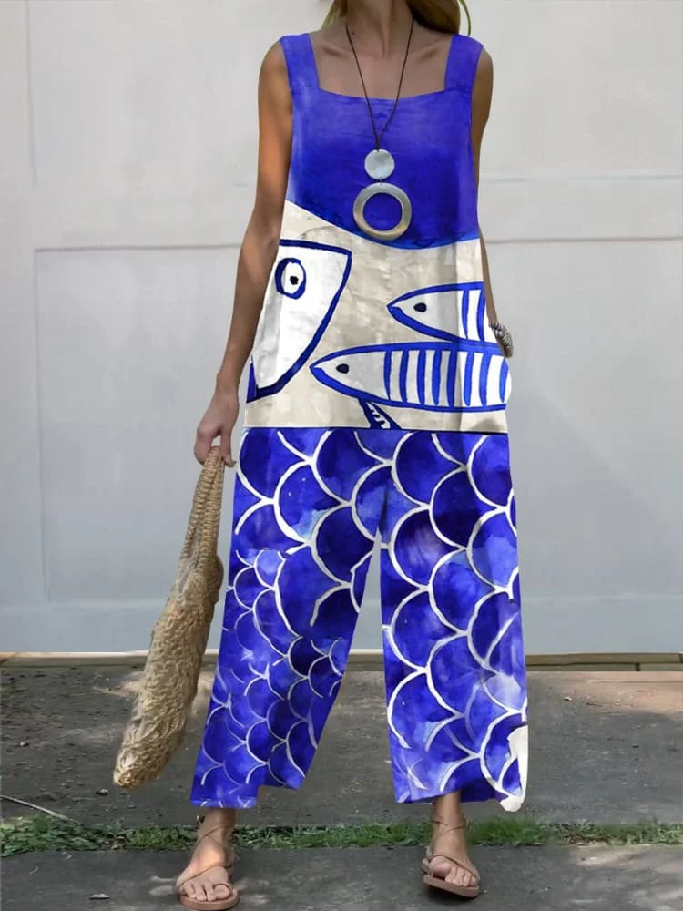 Women's  Fish  Art Printed Casual 100% Cotton Wide Leg Jumpsuit