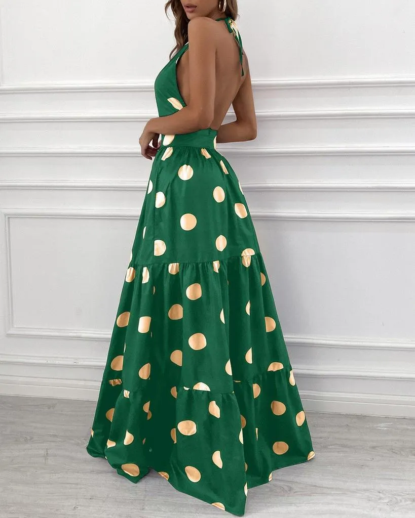 Chic Polka Dot Print Sleeveless Maxi Dress-vocosishoes