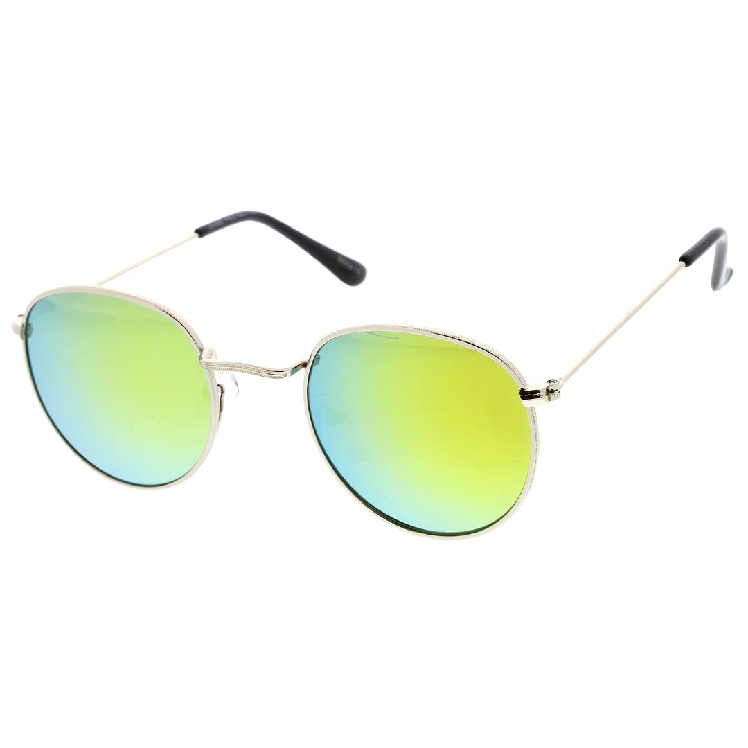 Classic Metal Slim Temple Textured Nose Bridge Mirrored Lens Round glasses 49mm