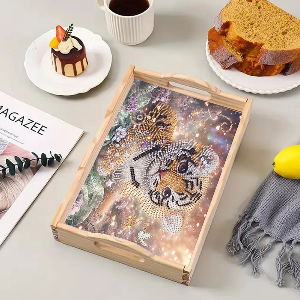 5D DIY Tiger Diamond Painting Wooden Serving Tray with Handle for Desk