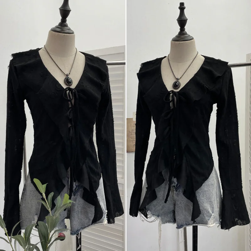 Uveng Dark Wind To Make Old Hole Horn Long Sleeve Open Shirt Tie With Lotus Leaf Side V Collar Sunscreen Shirt 9280