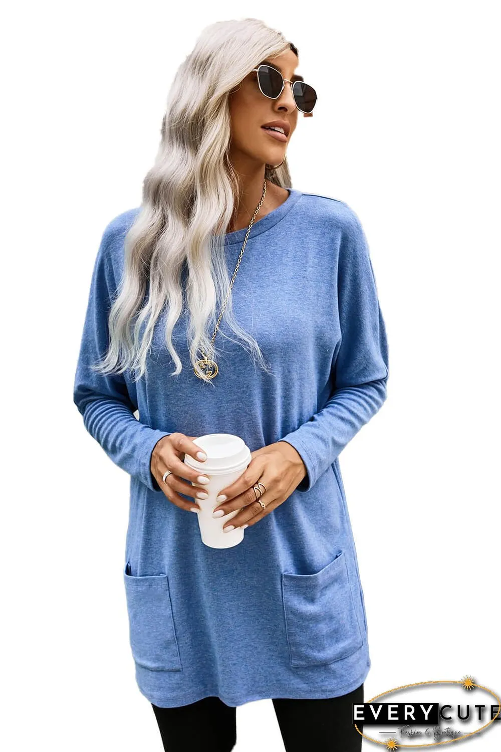 Sky Blue Longline Pocketed Top