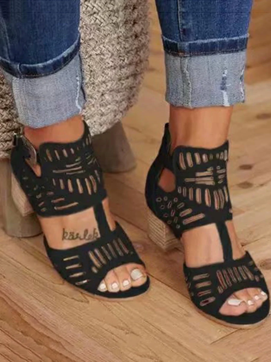 Hollow Out Plain Chunky High Heeled Peep Toe Date Travel Sandals
