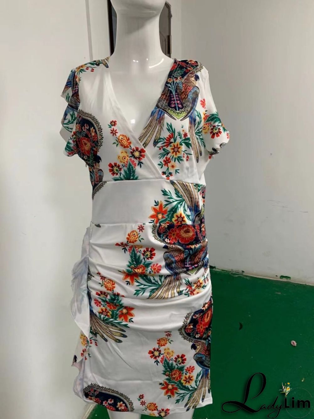 Summer Elegant Print Deep V Neck Ruffles Short Sleeve Midi Dress