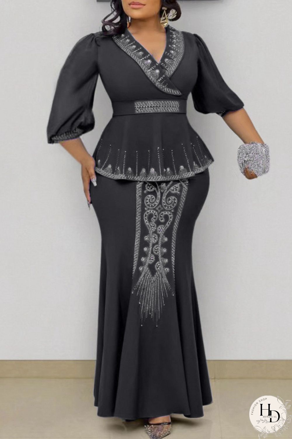 Yellow Fashion Casual Patchwork Beading Hot Drill V Neck Plus Size Two Pieces