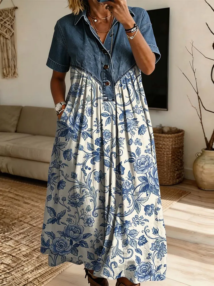 Vintage Floral Pattern Art Print Casual Stylish Lapel Denim Patchwork Dress