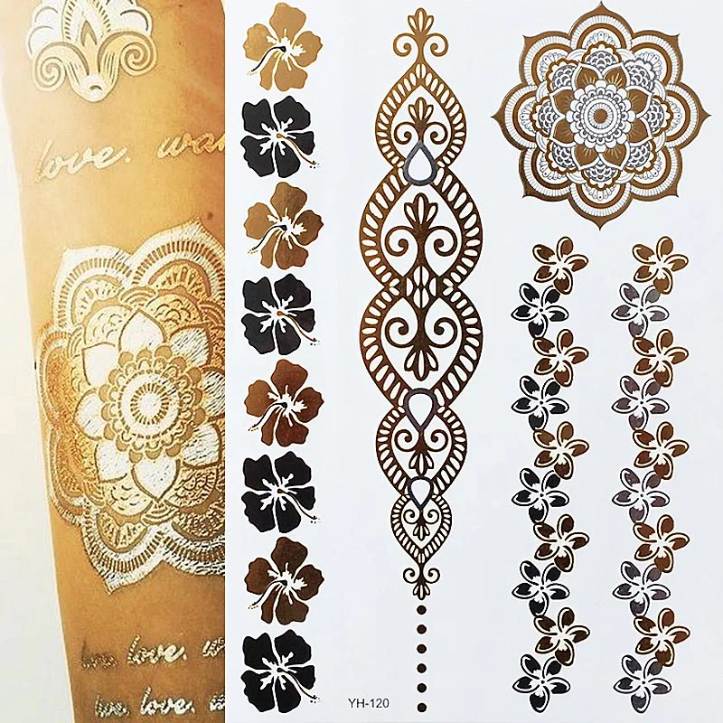 Flash Metallic Waterproof Tattoo Gold Silver Women Fashion Henna /Peacock Feather Design Temporary Tattoo Stick Paster