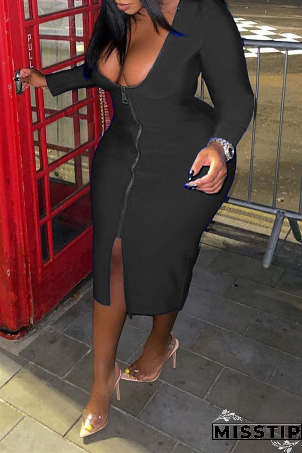 Black Fashion Casual Solid Zipper V Neck Long Sleeve Plus Size Dresses