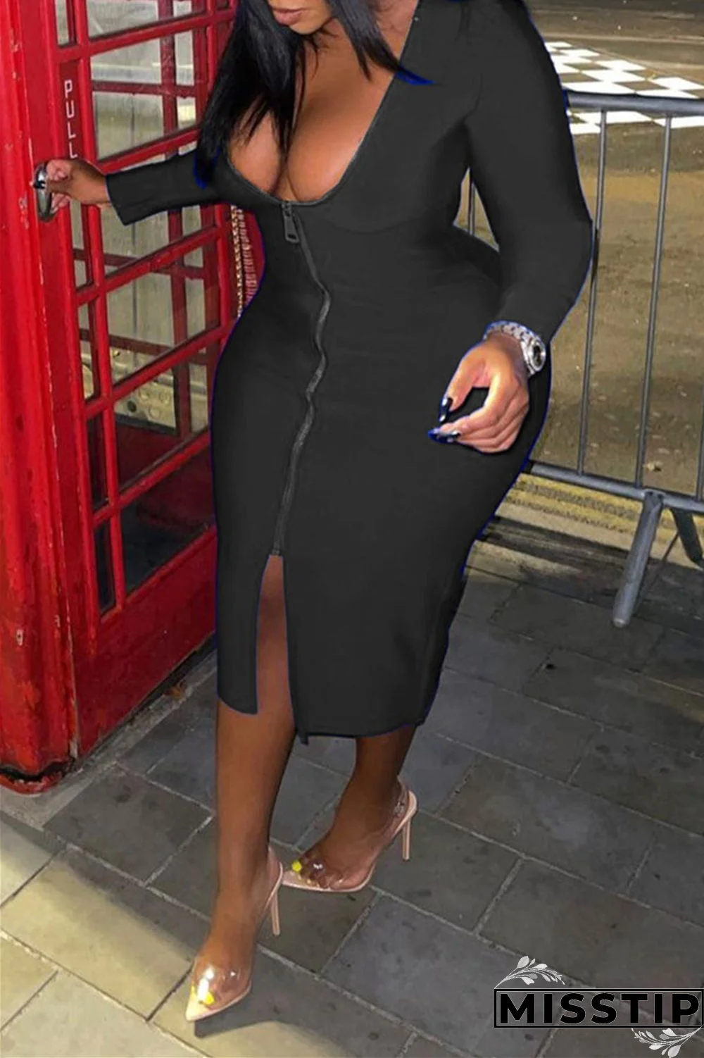 Black Fashion Casual Solid Zipper V Neck Long Sleeve Plus Size Dresses