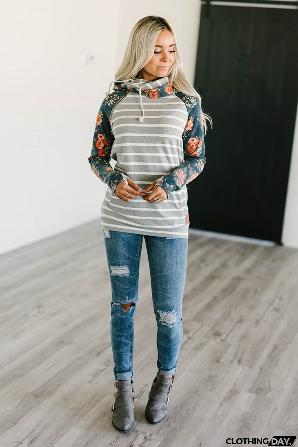 Striped Floral Print Long Sleeve Zipper Hoodie