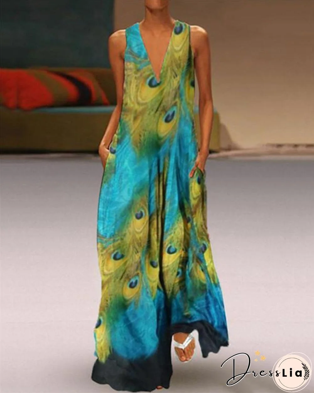 Peacock V Neck A-Line Daily Vintage Dresses