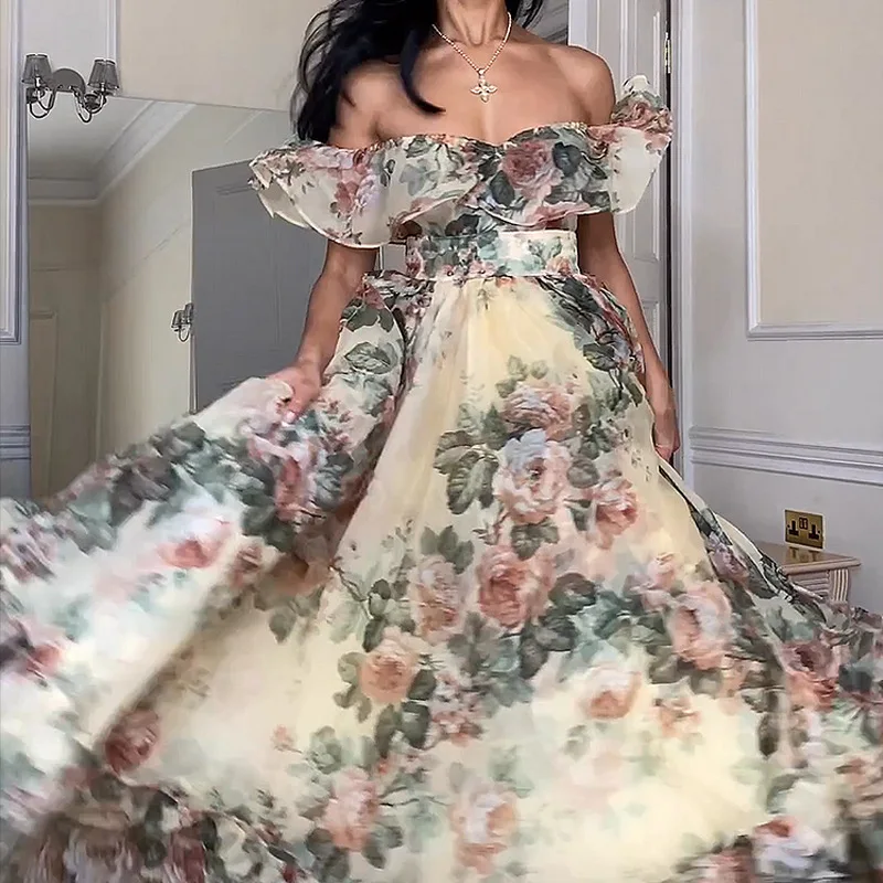 Wimawait holiday dress 2025 Sexy Elegant Off Shoulder Hollow Backless Party  Lady Chic Evening Gown Women Fashion Flower Print Bohe  A-line Maxi Dresses