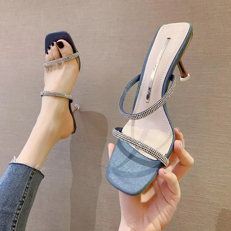 Comemore High Heels With Rhinestones Slipper Women Summer Party Shoes Woman Stilettos Fashion Elegant Women's Slippers Sandals