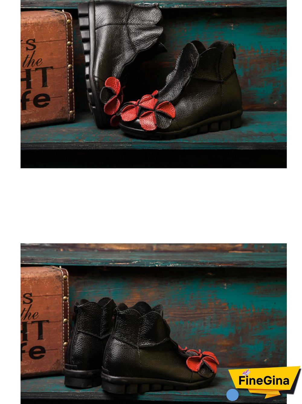 Women Winter Retro Leather Flower Spliced Ankle Boots