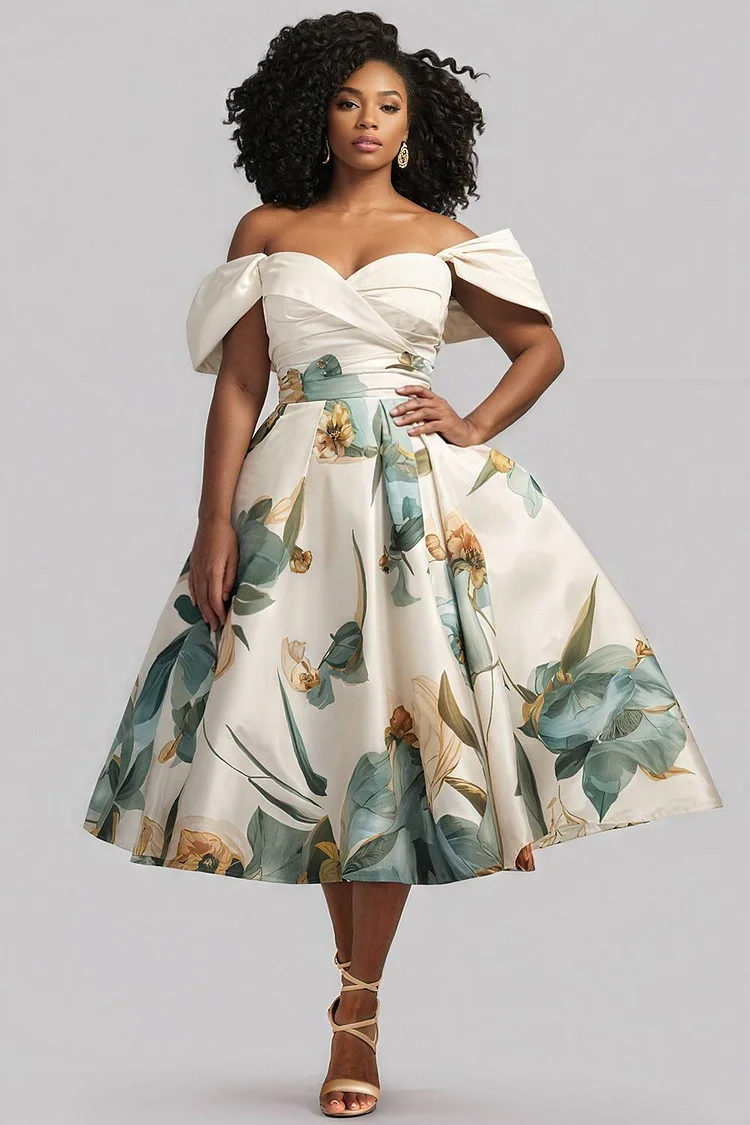 Xpluswear Design Plus Size Wedding Guest White Floral Off The Shoulder Pocket Elegant Satin Midi Dresses [Pre-Order] 2024 - Xpluswear