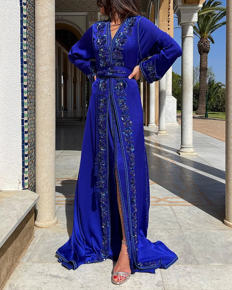 Women's V Neck Embroidered Moroccan Dress