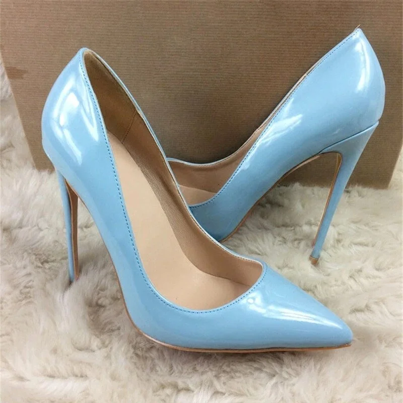 LOURDASPREC Solid Light Blue Women Patent Leather Pointy Toe Stilettos Slip On Extremely High Heel Shoes Comfortable Ladies Pumps