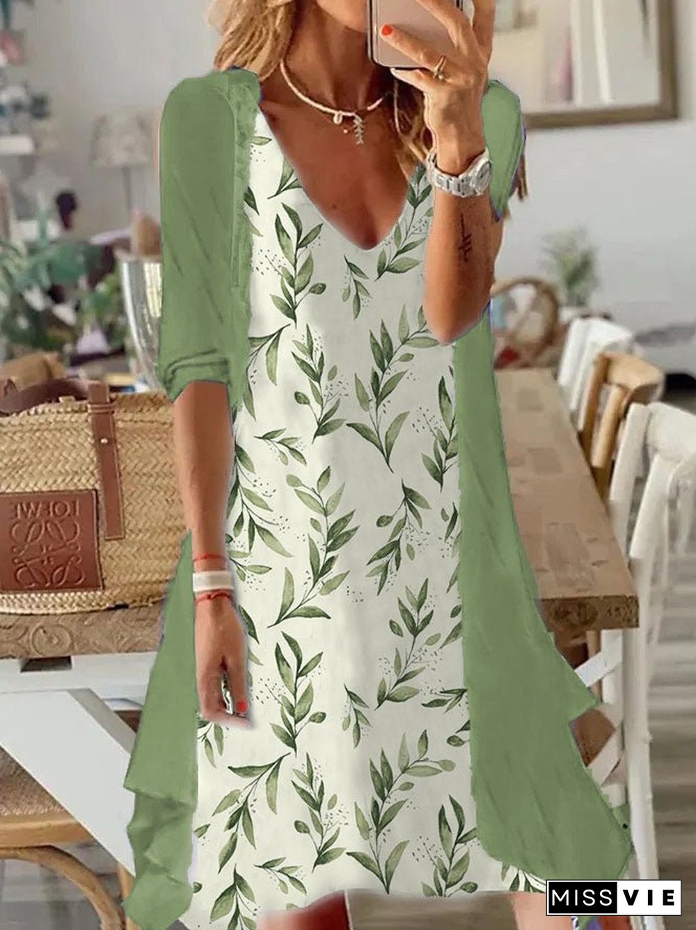 Women'S Dresses Floral Print V-Neck Chiffon Two-Piece Dress