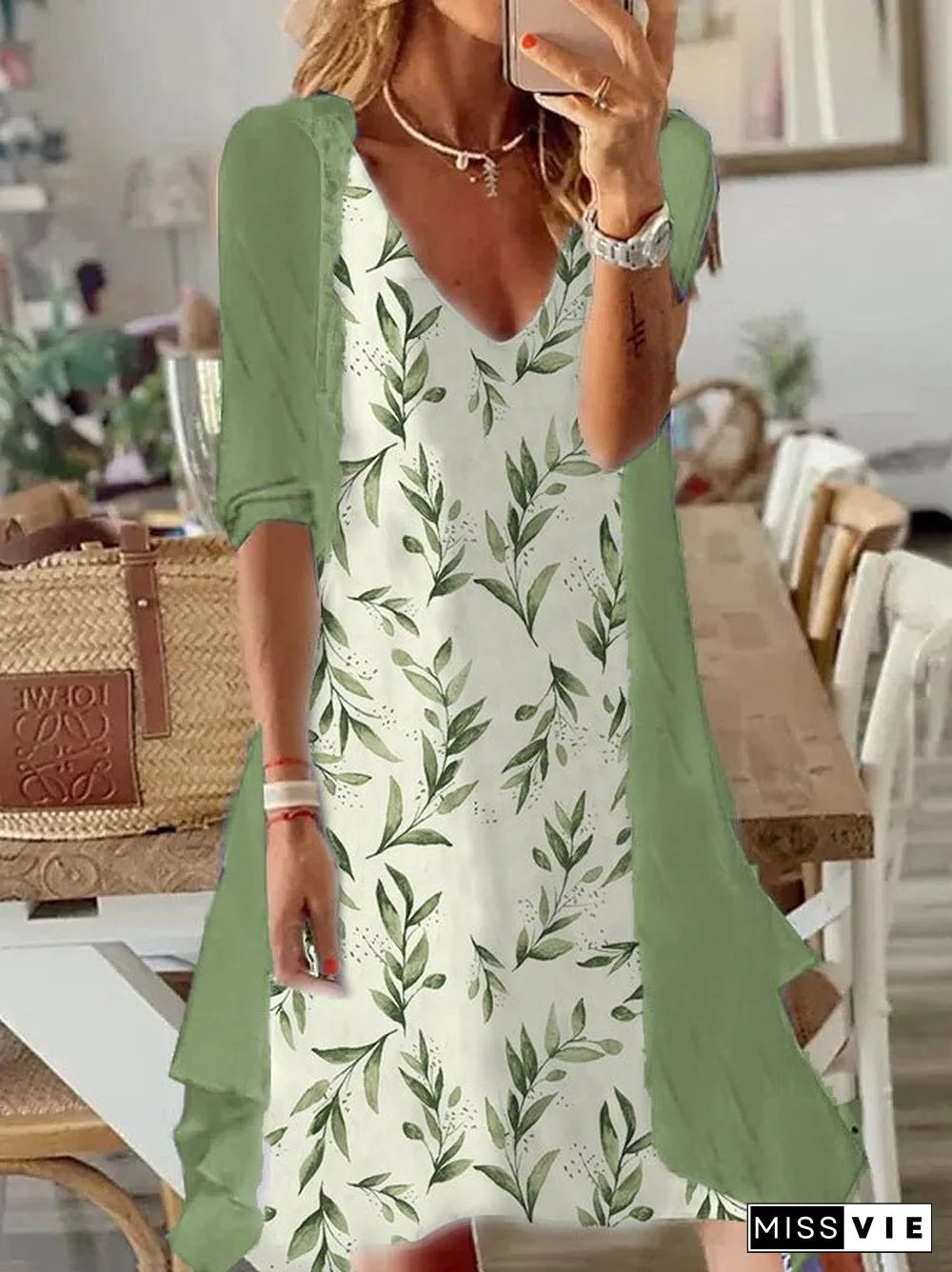 Women'S Dresses Floral Print V-Neck Chiffon Two-Piece Dress
