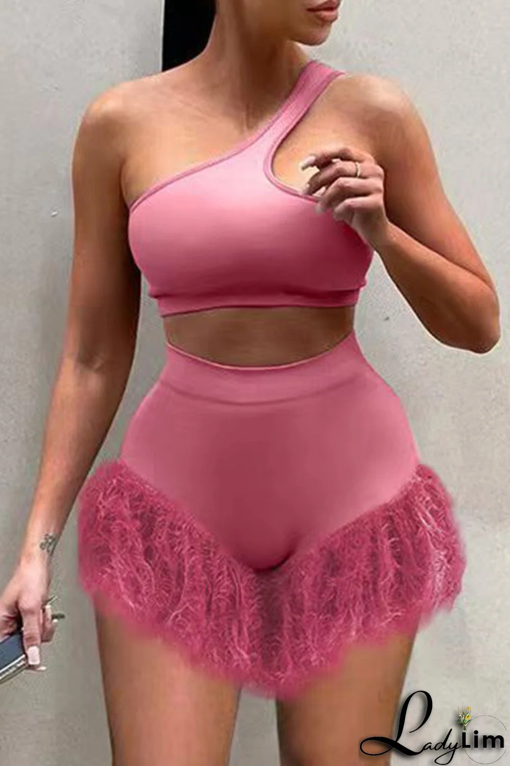 Pink Fashion Sexy Solid Patchwork Backless One Shoulder Two Pieces
