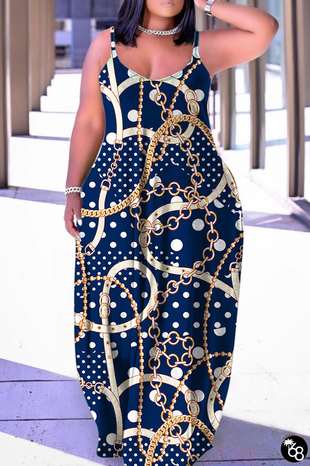 Tibetan Blue Sexy Casual Print Backless Spaghetti Strap Long Dress Dresses | 168DEAL