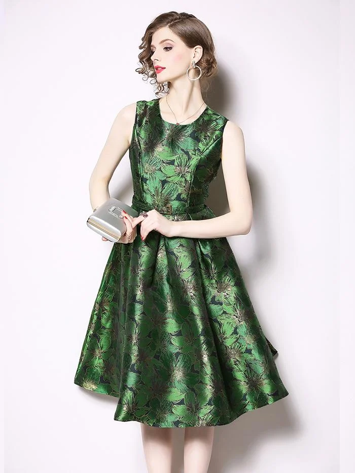 Retro Sleeveless Jacquard Dress Slim A-line Skirt