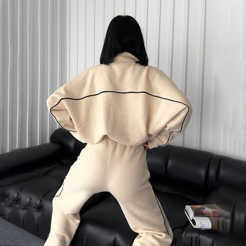 Casual Set Long Sleeve Half High Neck Cardigan Sweatshirt Lace Up Striped Pants