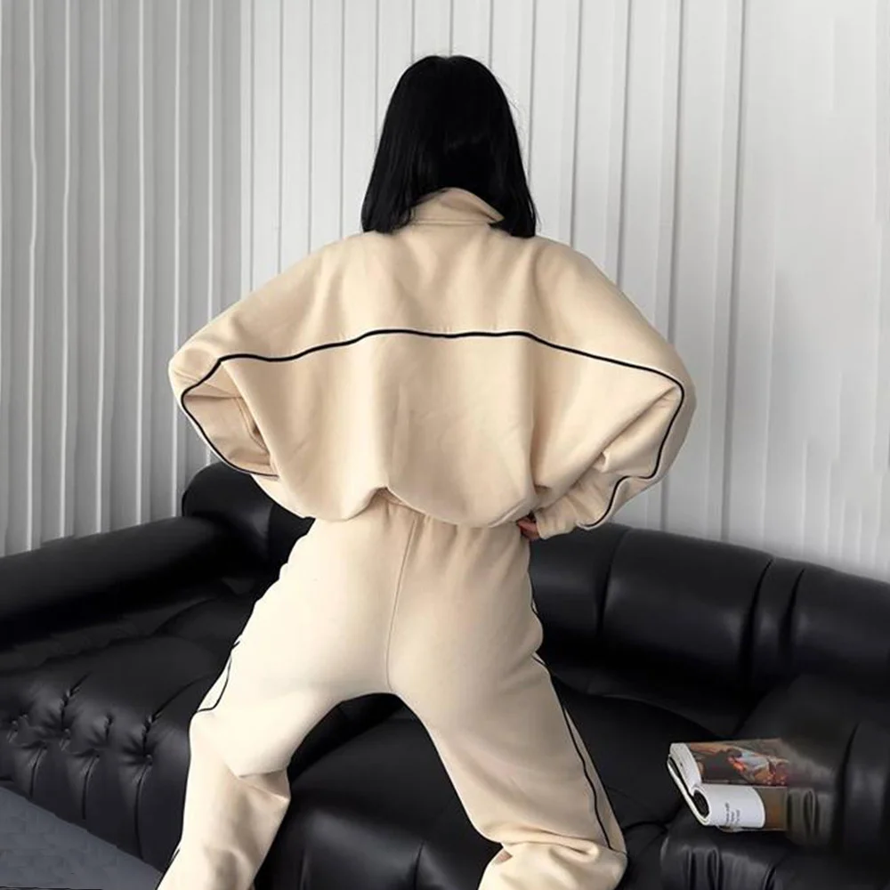 Casual Set Long Sleeve Half High Neck Cardigan Sweatshirt Lace Up Striped Pants