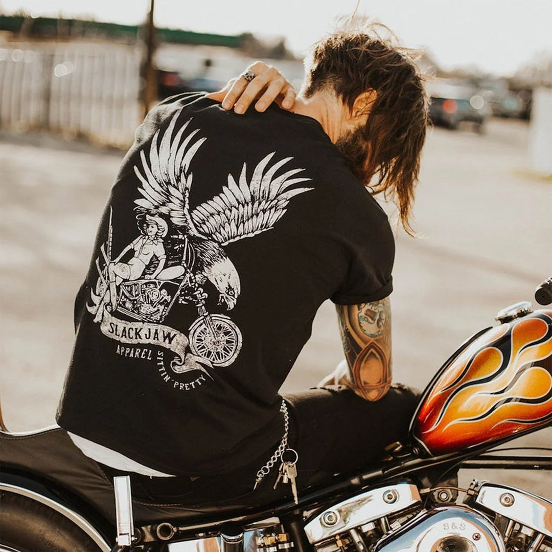 SLACK JAW Beauty on Motorcycle Eagle with Wings Black Print T-shirt