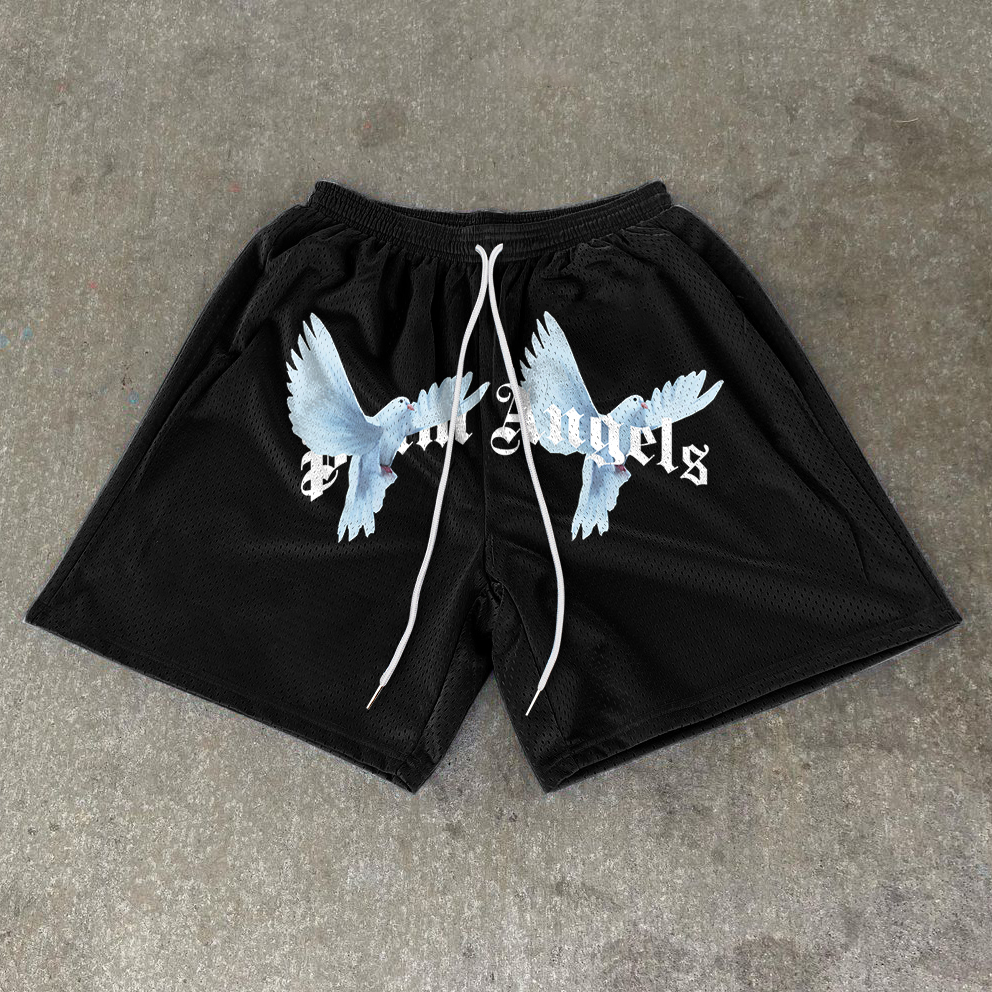Dove Peace Tide Brand Print Drawstring Mesh Casual Shorts - SOPULA