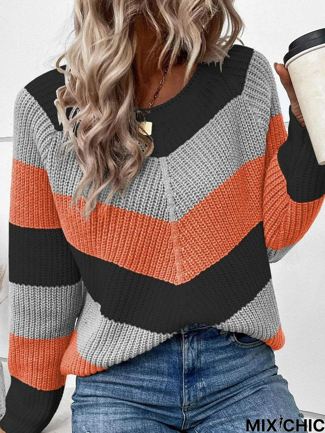 Crew Neck Casual Knitted Color Block Sweater