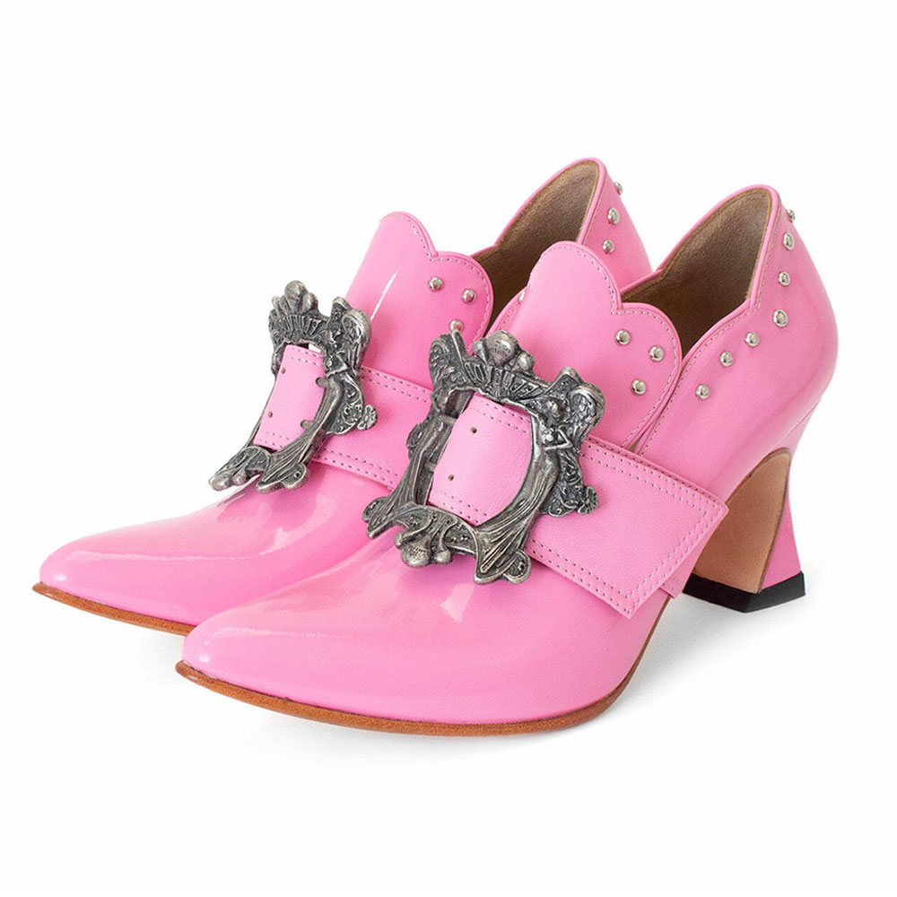 Pink Patent Leather Vintage Hardware Buckle Studded Loafer Heels