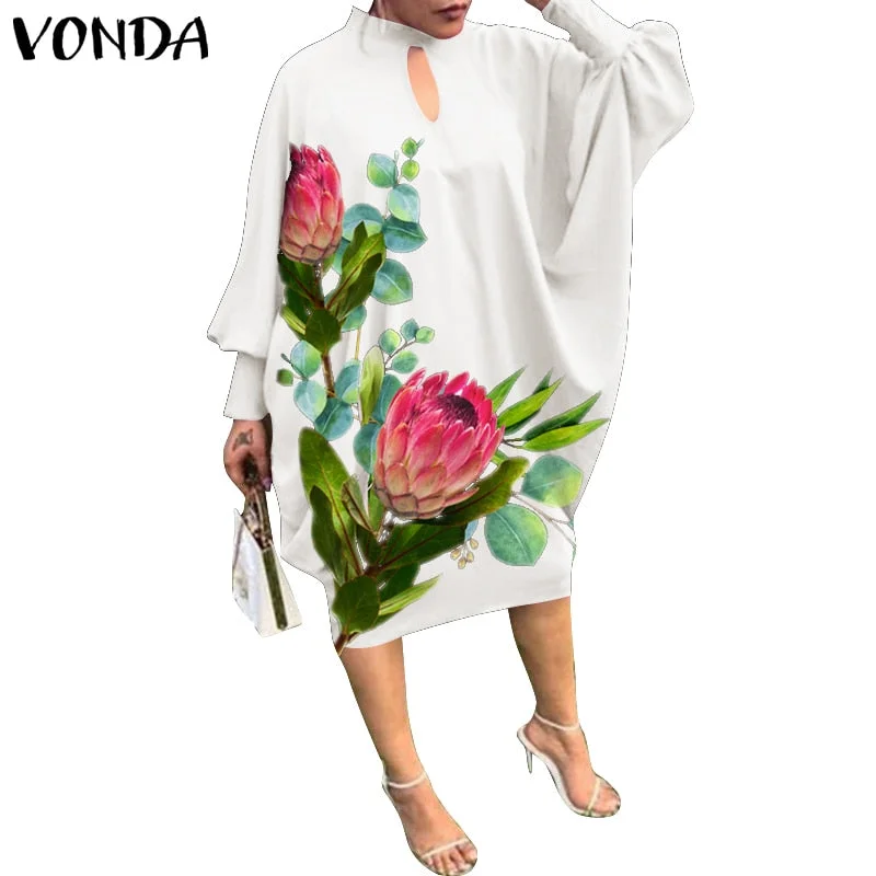 VONDA Women Dress 2022 Summer Spring Long Bat-Sleeve Solid Dresses Elegant Knee-Length Party Robe Ladies Bohemian Party Vestidos