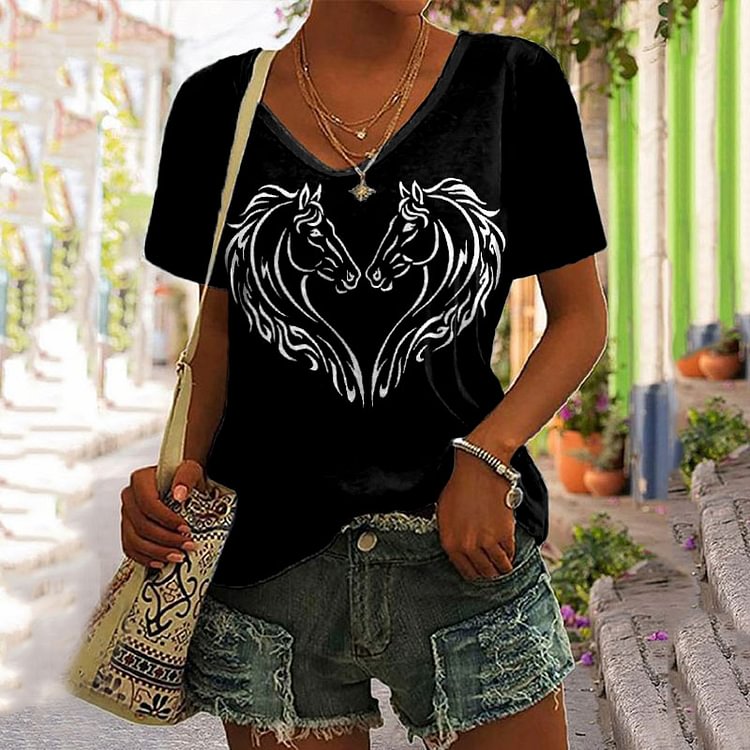 Vefave Casual Horse Heart Print T-Shirt