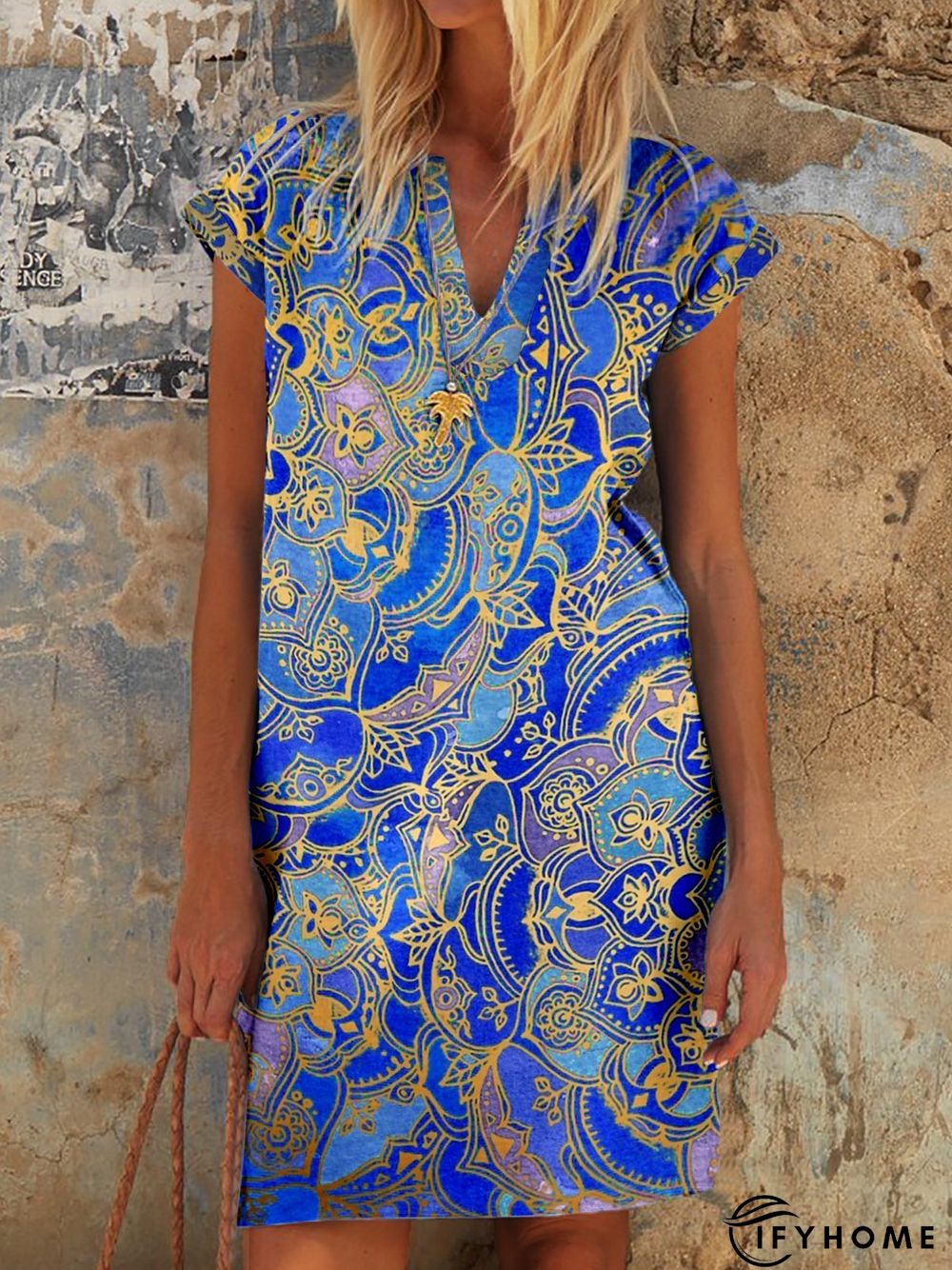 Summer Leisure Holiday Style Printing Paisley V Neck Short Sleeve Casual Weaving Dress | IFYHOME
