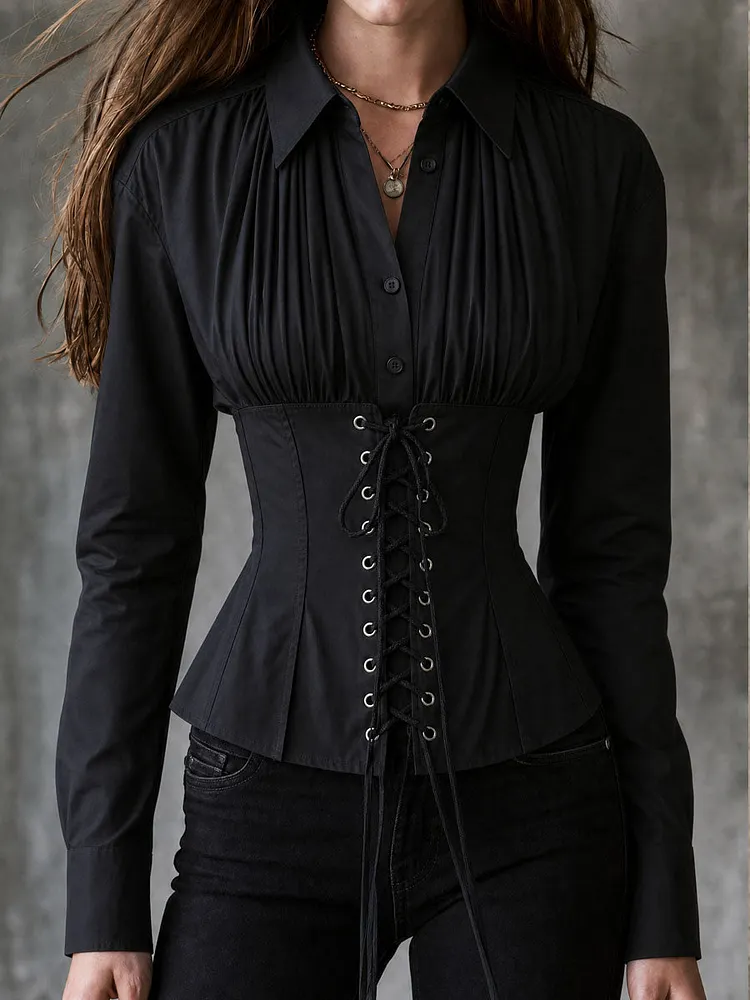 Vintage Black Collar Pleated Front Lace-Up Corset Shirt