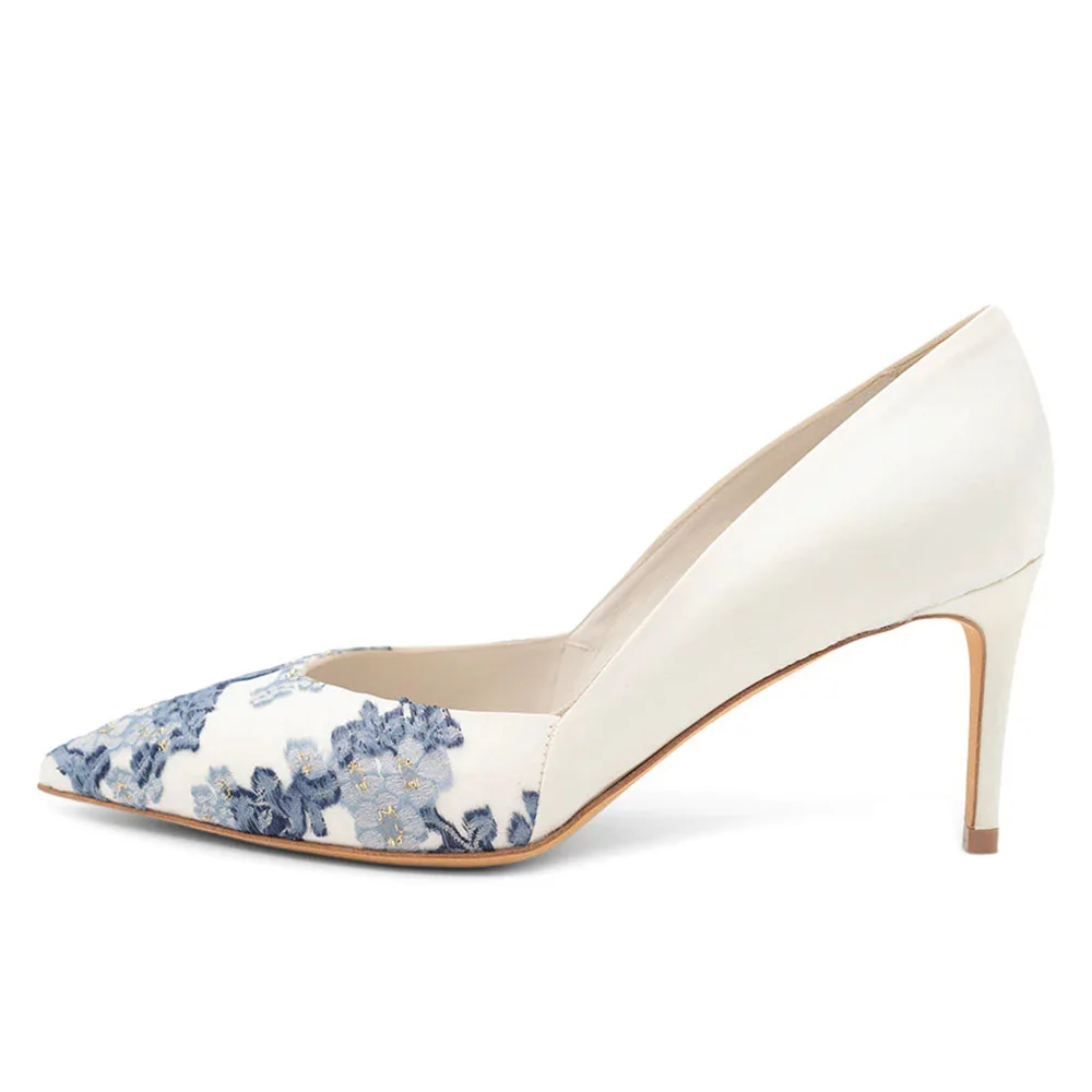 Elegant White Satin Pointed-Toe Blue Floral Pumps Wedding Shoes