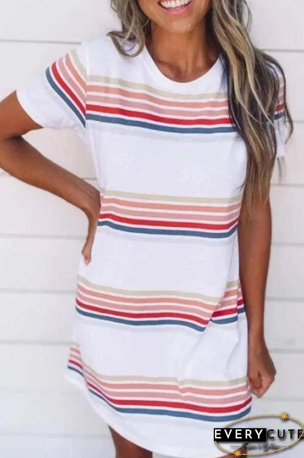 Stripe O Neck Short Sleeve Mini Dress
