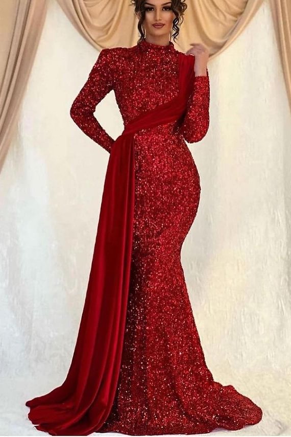 Bellasprom High Neck Mermaid Prom Dress Sequins With Ruffle Long Sleeves