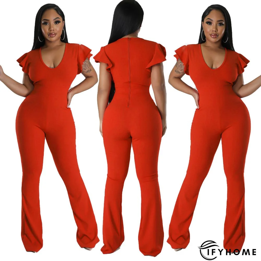 Solid Color Ruffle Sleeve Wide-leg Ladies Jumpsuit | IFYHOME