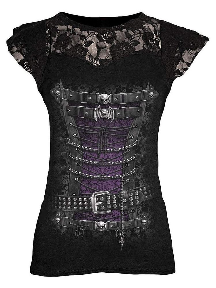 Round neck short sleeve lace perspective sexy gothic 3D printed Tee
