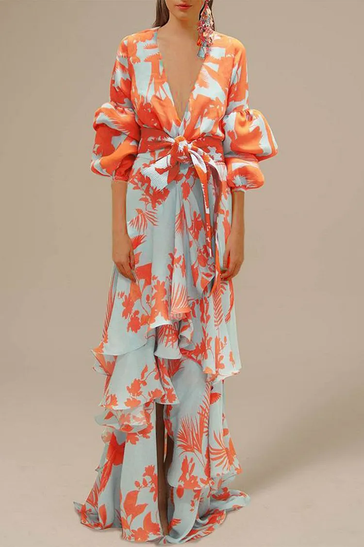 Elegant Floral Patchwork V Neck Irregular Dress Dresses