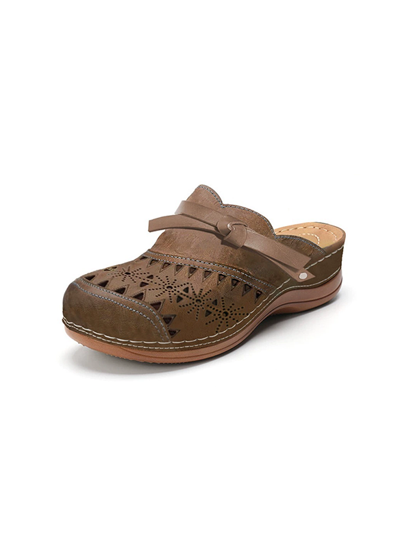 Bowknot Hollow Out PU Leather Slippers