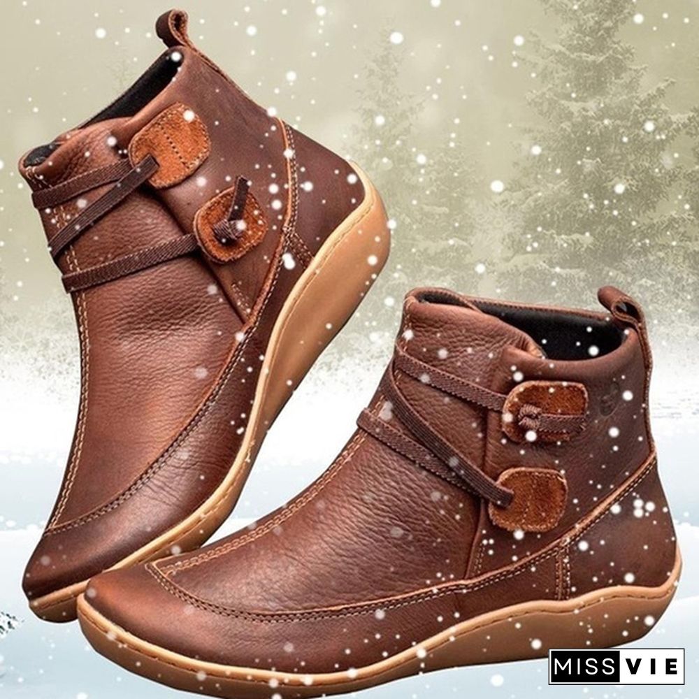 Women's Braided Strap Flat Heel All Season Boots Waterproof Leather Comfortable Flat Heel Boots Round Toe Ankle Boots