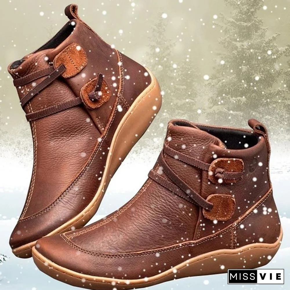 Women's Braided Strap Flat Heel All Season Boots Waterproof Leather Comfortable Flat Heel Boots Round Toe Ankle Boots