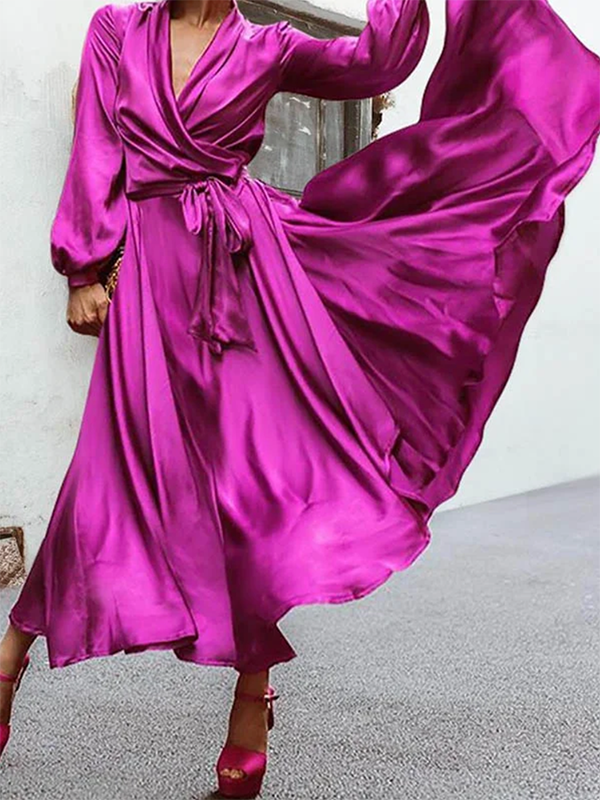 Long Sleeves Puff Sleeves Tied Pure Color V-Neck Maxi Dresses