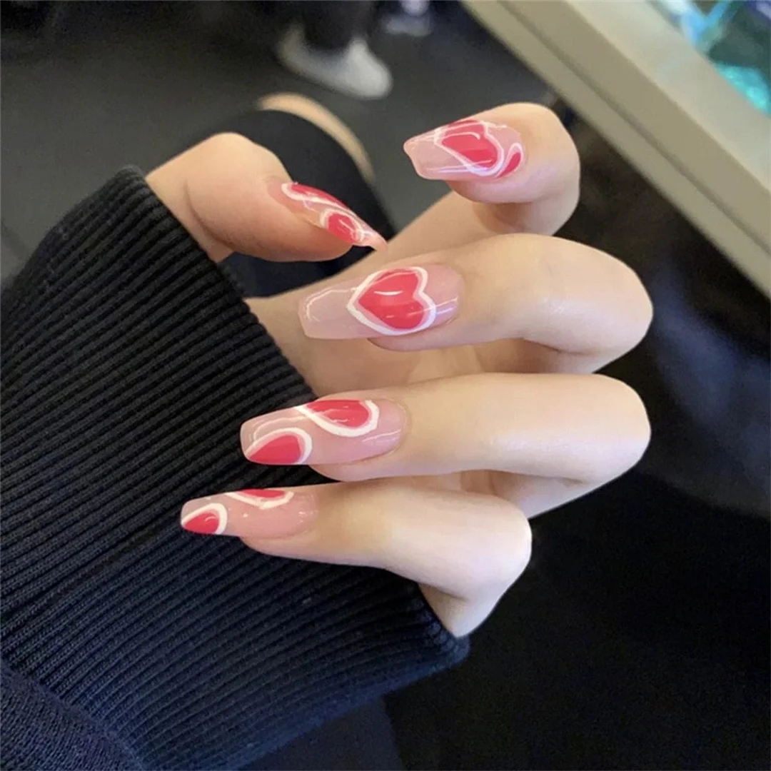 24Pcs Middle Length Ballerina Nude Pink Color False Nails Design With Heart Pattern DIY Artificial Fake Nails With Press Glue 1103 515-Nail Inspo