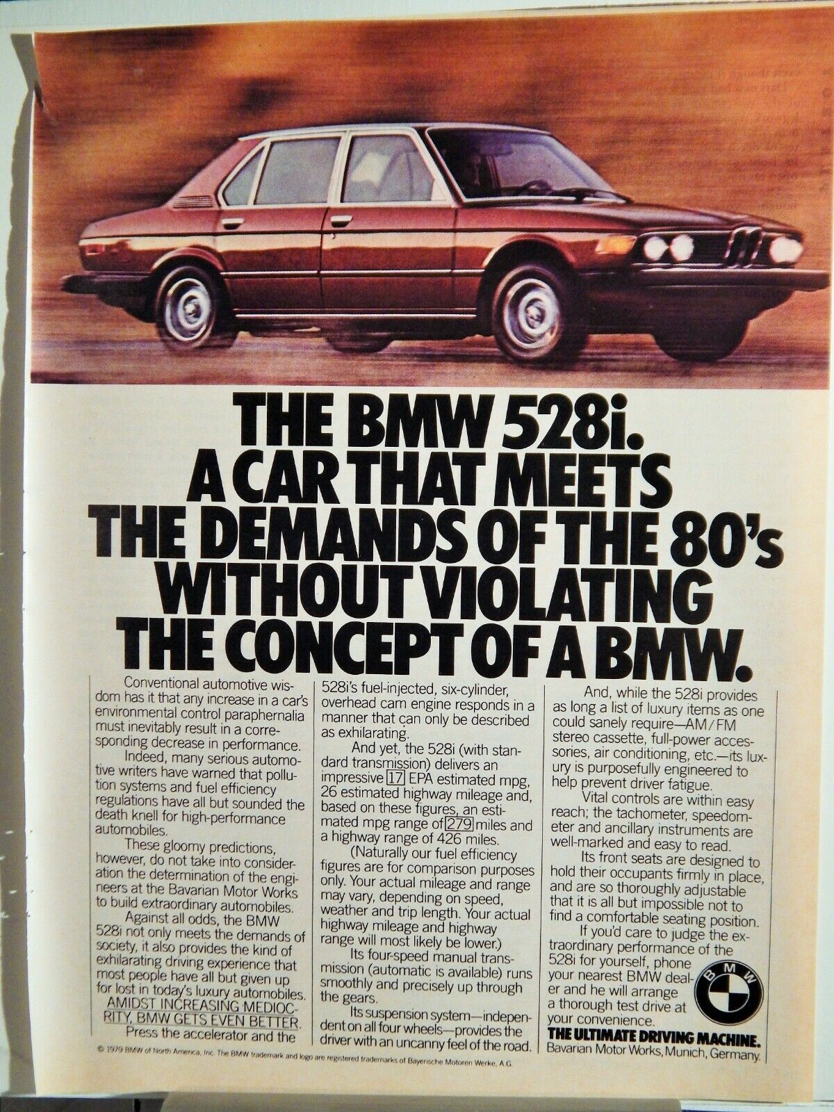 BMW 528i SEDAN ORIGINAL VTG 1979 Photo Poster painting AD,