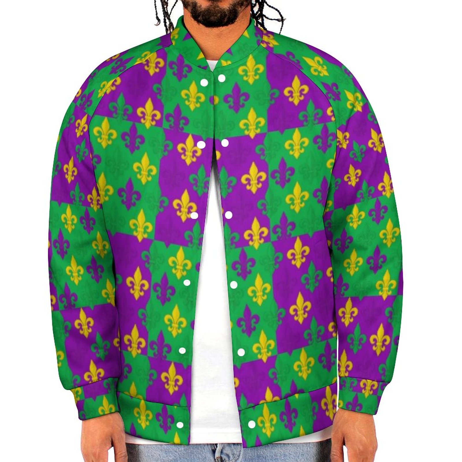 Mardi Gras Fleur De Lis Checkered Pattern Sweatshirt Jacket Mens Casual Lightweight Button Up Bomber Jacket Outwear